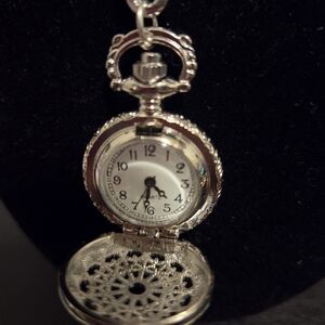 Silver Tone Pocket Watch Pendant Necklace